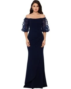 XSCAPE Long Scuba Crepe Off-the-Shoulder Dress With 3-D Flower