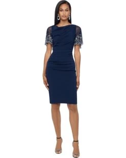 Betsy & Adam Short Ruched Crepe W/ Beaded Flutter Sleeve